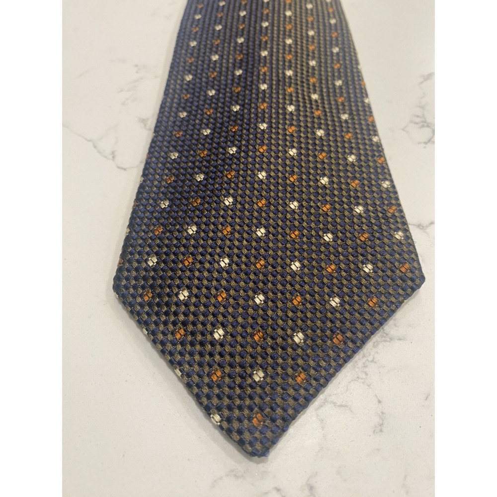 Robert Talbott Luxury Silk Tie Navy Blue Orange Polka Dot Micro-Neat 3.75" x 57"